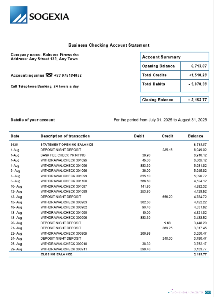 Download Sogexia organization checking account statement Word and PDF template (1) Photoshop template